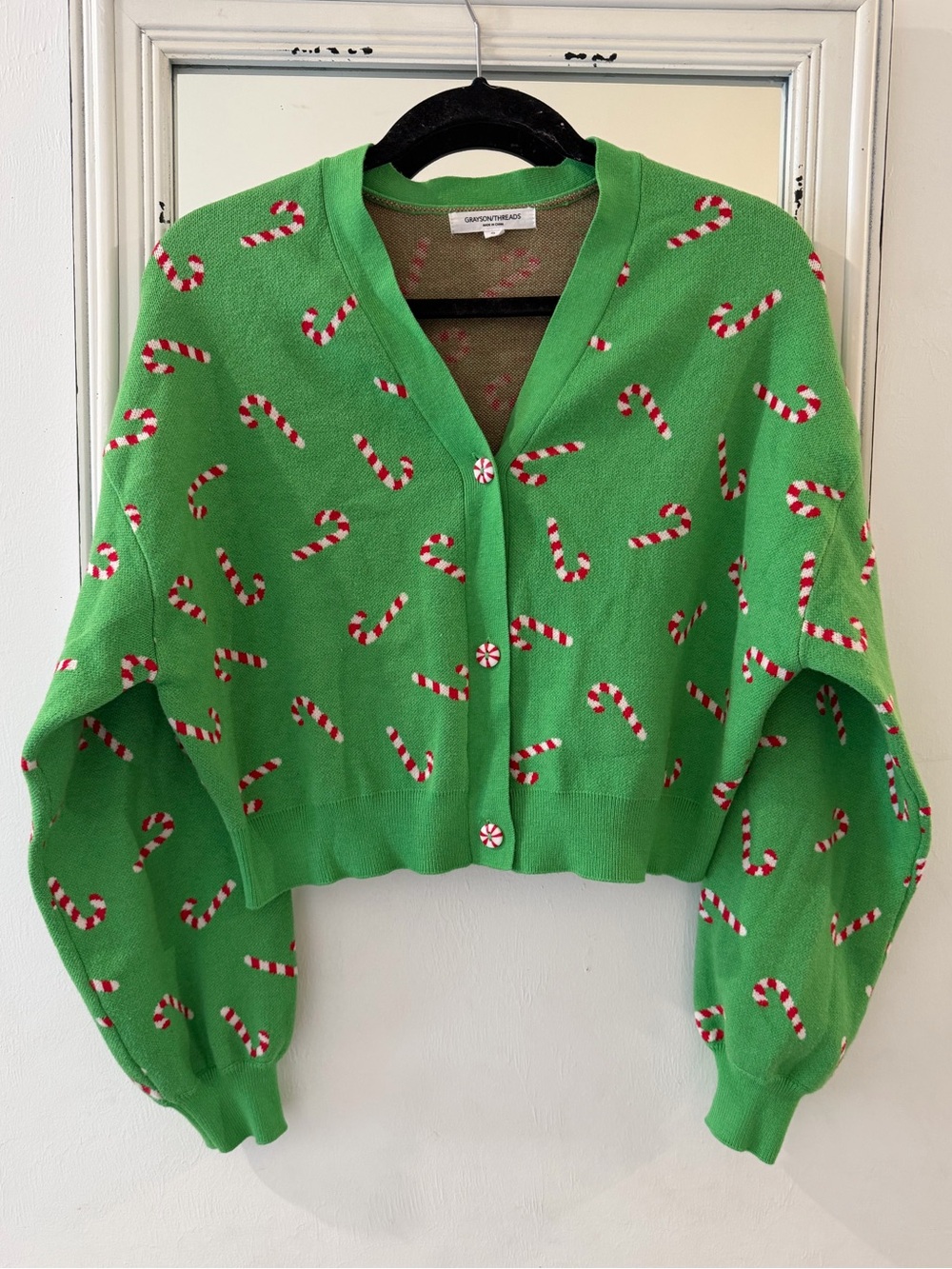 Grayson Threads Green Candy Cane Print Cardigan